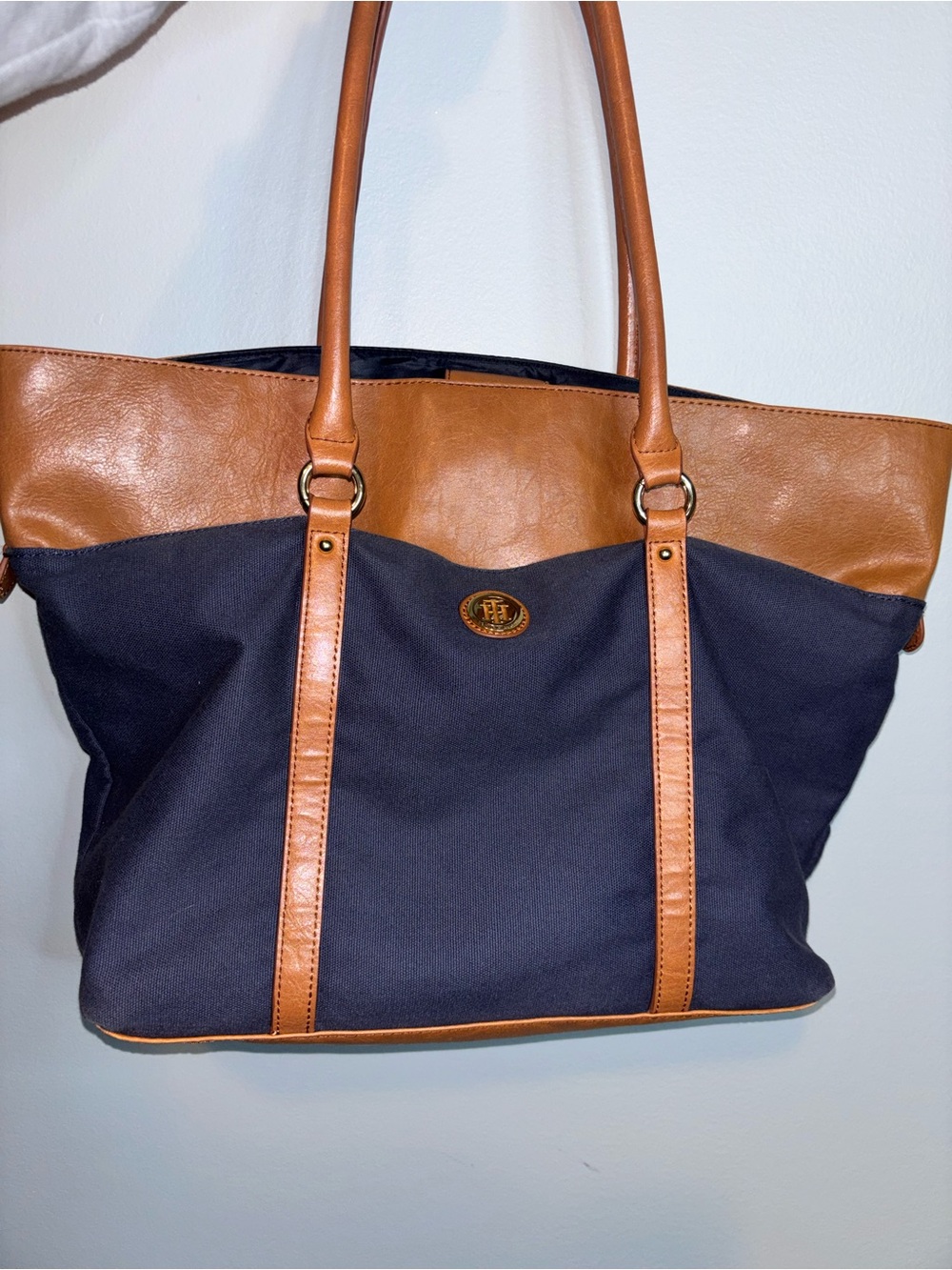 Tommy Hilfiger Navy and Brown Canvas Tote Bag
